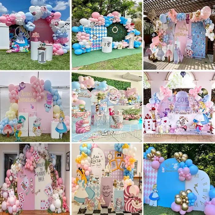 Mocsicka-Toile de fond de couverture arquée Alice au pays des merveilles pour fille, fond rose fleur, cabine double face, horloge d'anniversaire et de thé