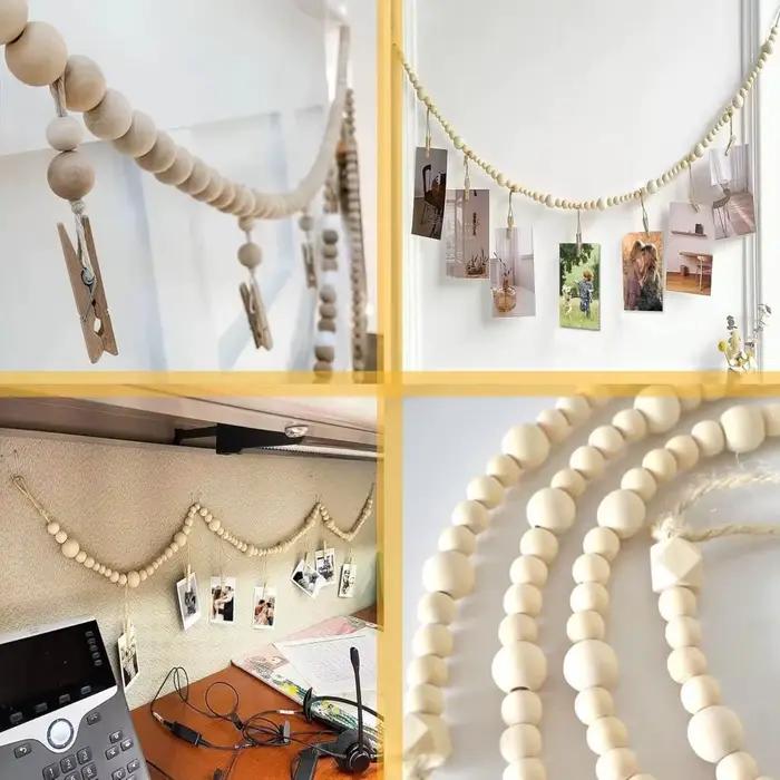 Chaîne de suspension murale pour photos avec clips à pompons en bois et cadres photo à perles en bois, décoration murale pour la maison, la chambre et le dortoir