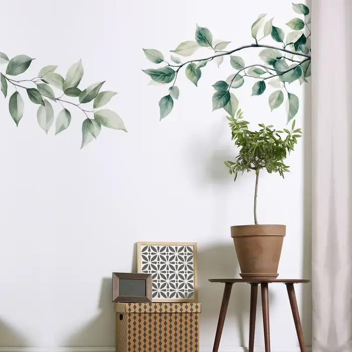 Branches d'arbre fraîches feuilles vertes autocollants muraux chambre salon entrée décoration de la maison