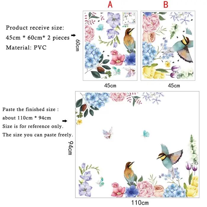 Peinture à l'encre fleurs oiseaux autocollant mural salon fond décoration intérieure papier peint pour verre fenêtres décor maison décalcomanies