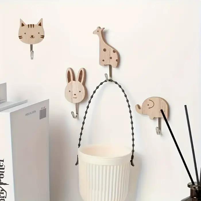 Crochets muraux en bois à l'effigie d'animaux de dessin animé mignons