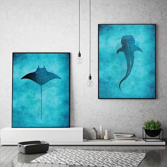 Aquarelle bleue océan organisme marin baleine requin Manta rayons affiche mer plage Surf toile peinture mur Art pour chambre décor à la maison