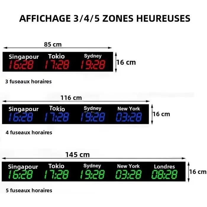 Horloge mondiale LED affichant l'heure de 3/4/5 villes