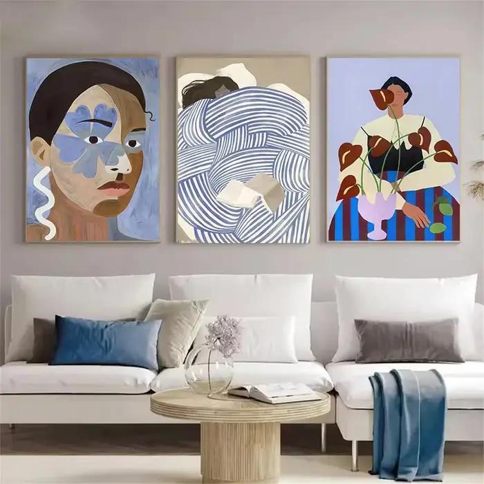 Toile de lignes de visage géométriques bleues abstraites