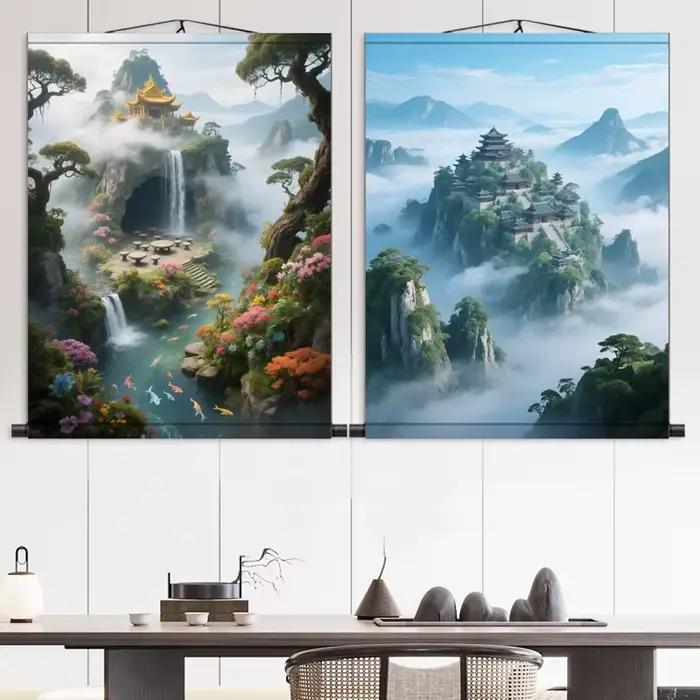 Peinture de paysage, mur de fond de couloir de salon, peinture en rouleau de soie, décor de pièce esthétique, tapisserie de décoration murale