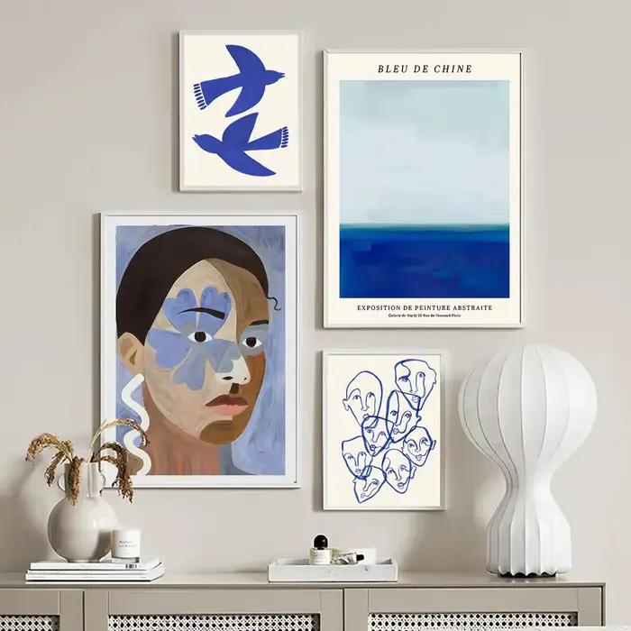 Toile de lignes de visage géométriques bleues abstraites