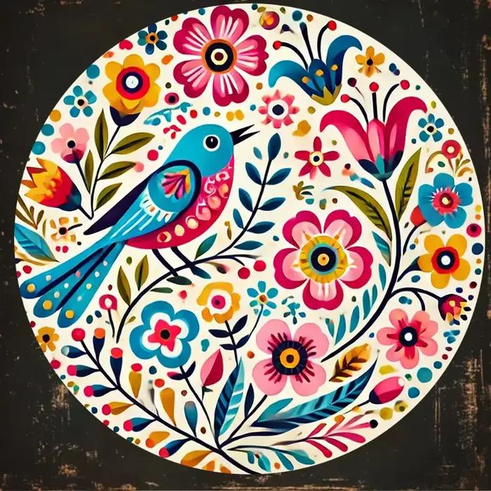 Art mural rond oiseau et fleur coloré 2D | Impression en aluminium