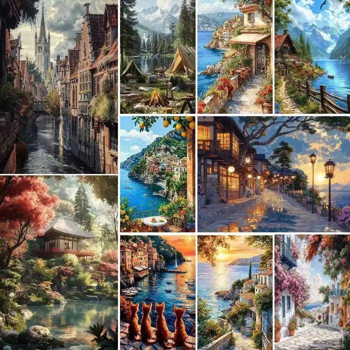 Peinture à l'huile DIY par numéros : Paysage de ville en bord de mer