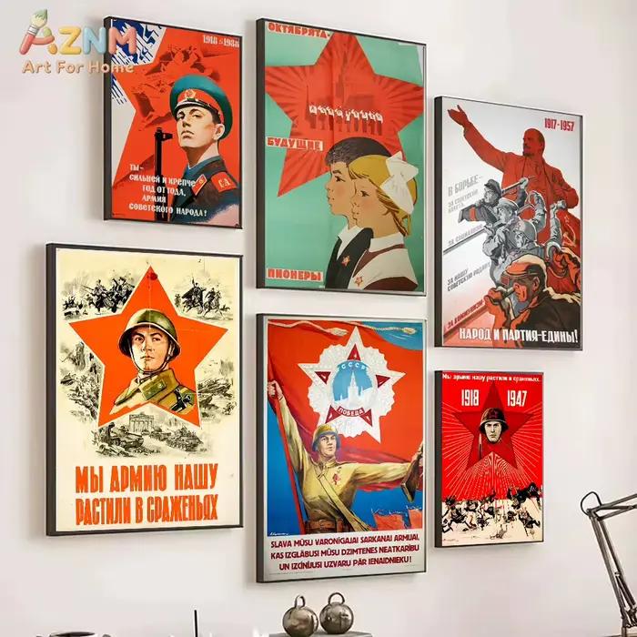 AZNM Peinture sur toile vintage de propagande militaire soviétique