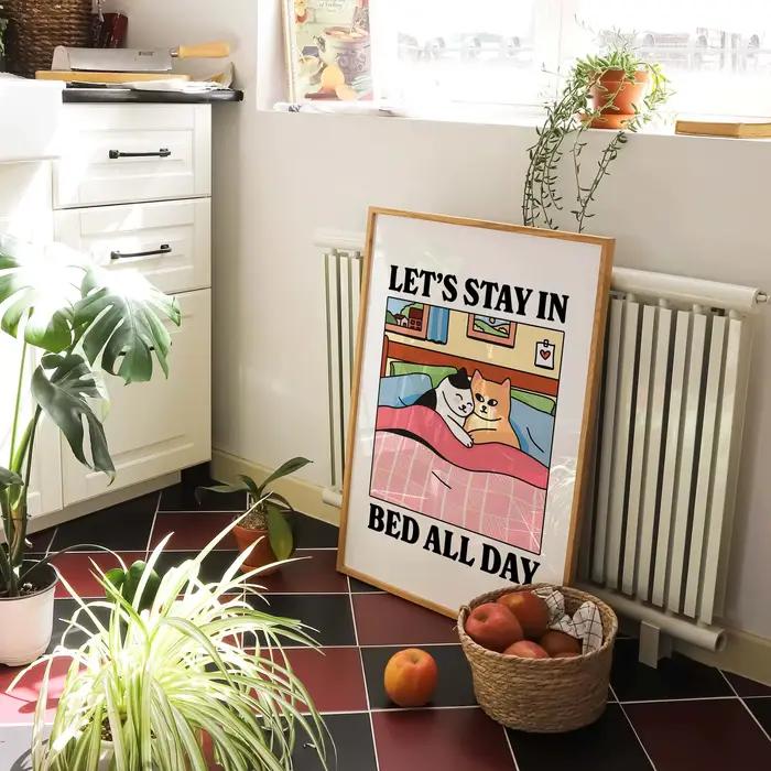 Dessin animé moderne couché confortablement dans le lit mur Art imprime toile peinture affiche photo pour salon chambre décor à la maison cadeau