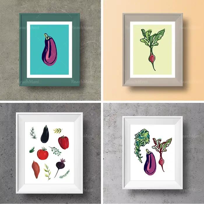 Art mural de cuisine de légumes heureux, illustration de légumes imprimable
