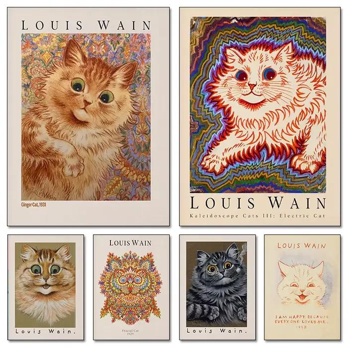 Peinture sur toile 2D, affiche de chat kaléidoscope en gingembre de Louis Wain