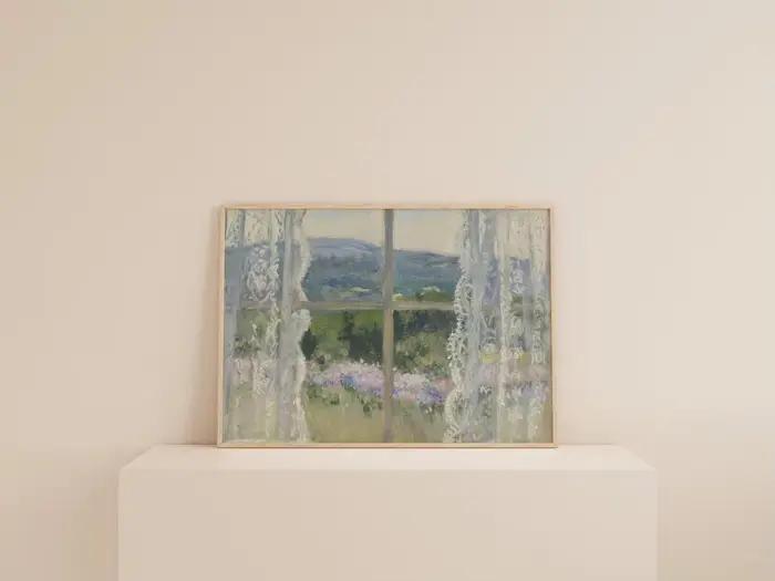 Tableau mural en dentelle avec vue sur une prairie - Impressionniste rêveuse d'une fenêtre surplombant