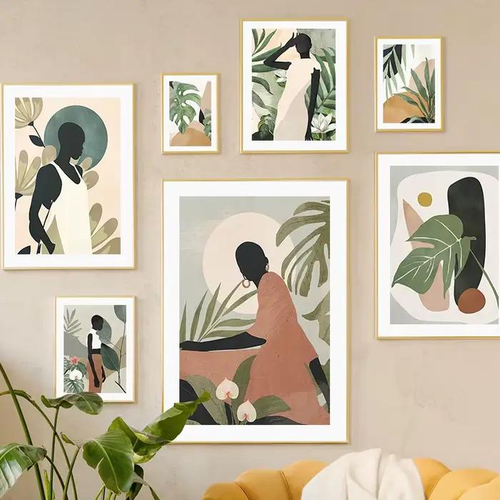 Peinture sur toile abstraite de femme africaine avec feuilles