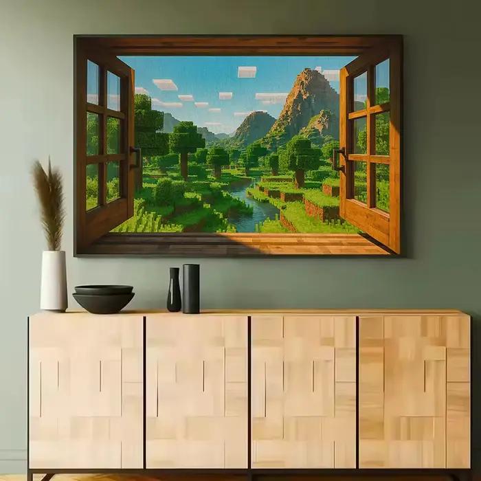 Affiche de jeu vidéo avec vue de fenêtre Steve, Pixel World Sandbox, peinture sur toile, images d'art murales, décor de salle de jeu pour la maison