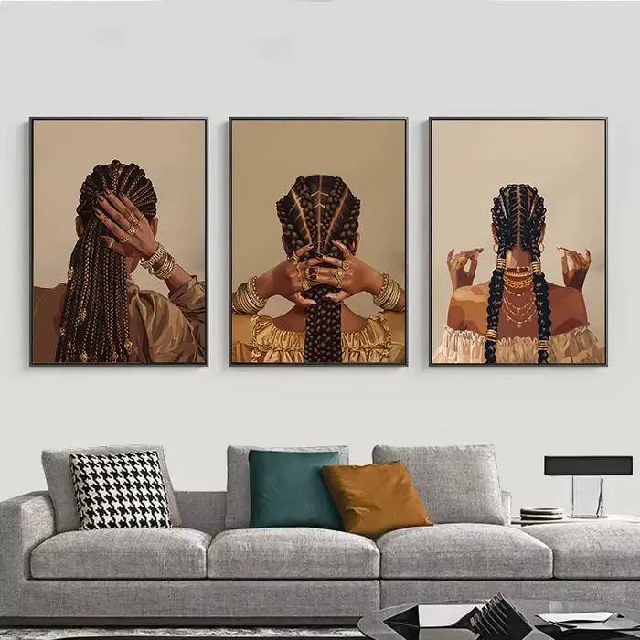 Affiche de Femme Noire Afro-Américaine, Coiffure de Fille Cool et Bijoux en Or, Peinture sur Toile, Art Mural pour Salon, Décoration de Maison