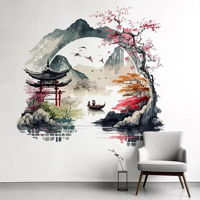 🎊 Autocollant mural Paysage Oiseaux Montagne Rivière pour Fond de Mur