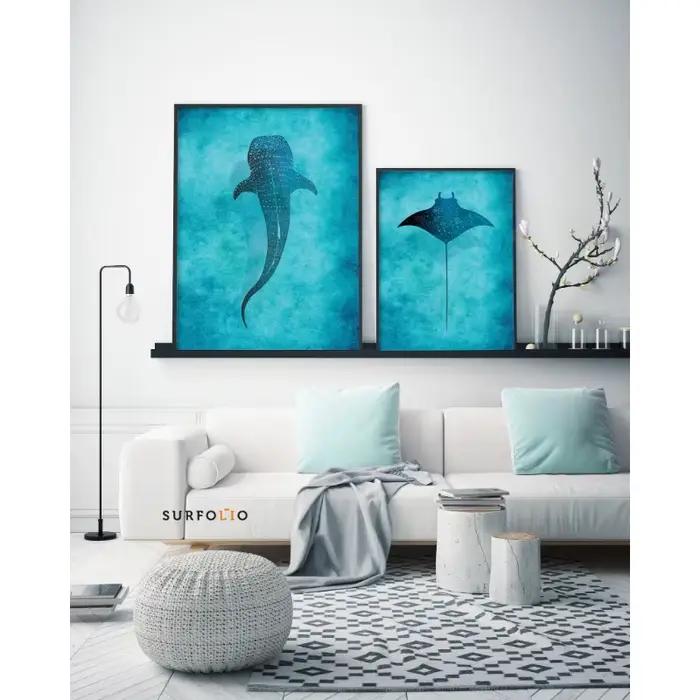 Aquarelle bleue océan organisme marin baleine requin Manta rayons affiche mer plage Surf toile peinture mur Art pour chambre décor à la maison