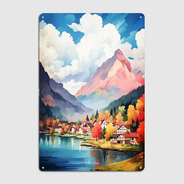 INTERLAKEN Affiche Métallique Rétro Paysage Touristique Peinture à l'Huile Décoration Murale Intérieure pour Club et