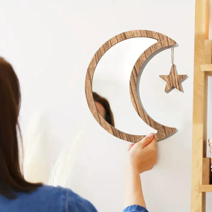 Miroir mural en forme de lune avec cadre en bois bohème