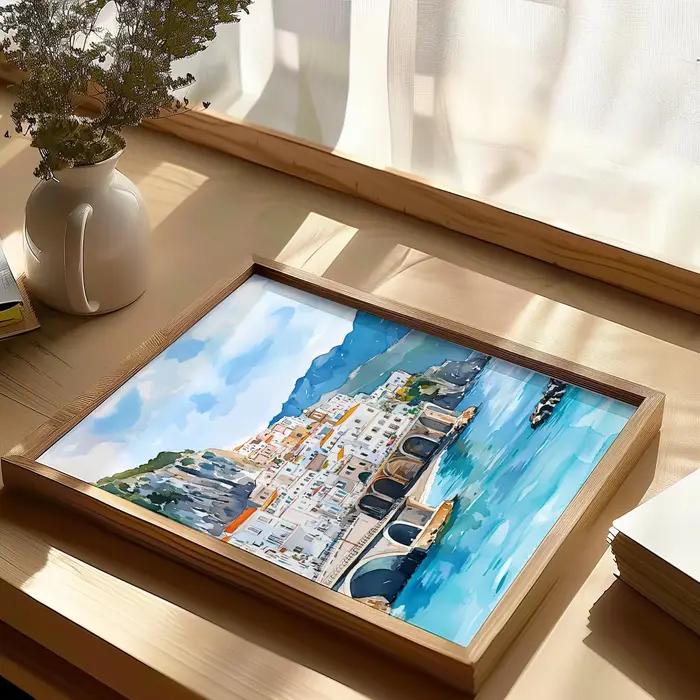 Aquarelle Amalfi Coast Italie Art Print, décoration murale de paysage côtier brillant, illustration de ville de bord de mer italienne, T méditerranéen