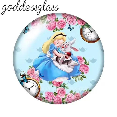 Cabochon en verre photo Alice au pays des merveilles, horloge miroir, lapin, chat, 12mm/18mm/20mm, dos plat, pour la création de bijoux et de porte-clés