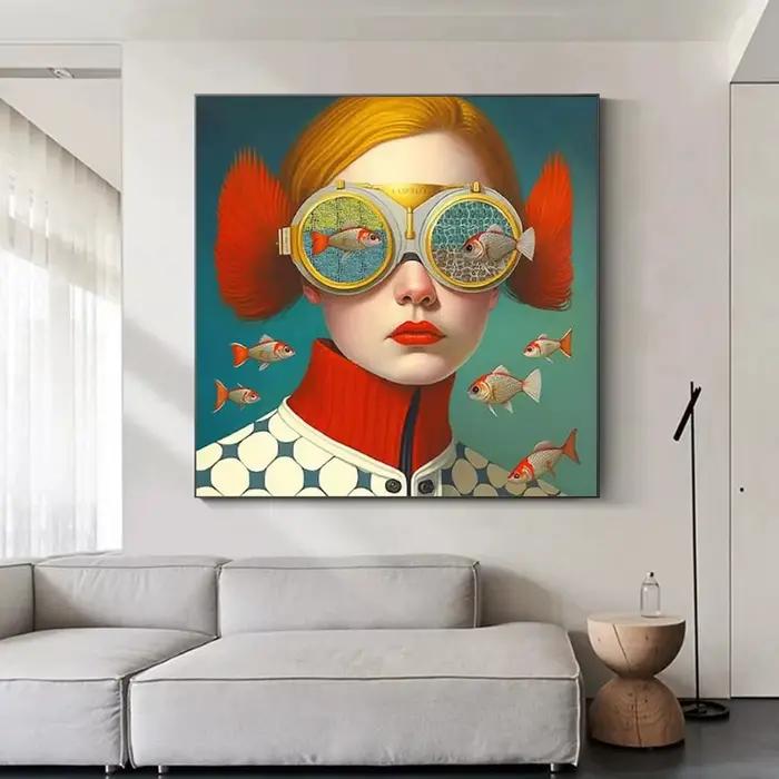 Lunettes femme avec fleurs nordique Boho mur Art toile peinture papillon avec fille Portrait affiche pour salon décor à la maison