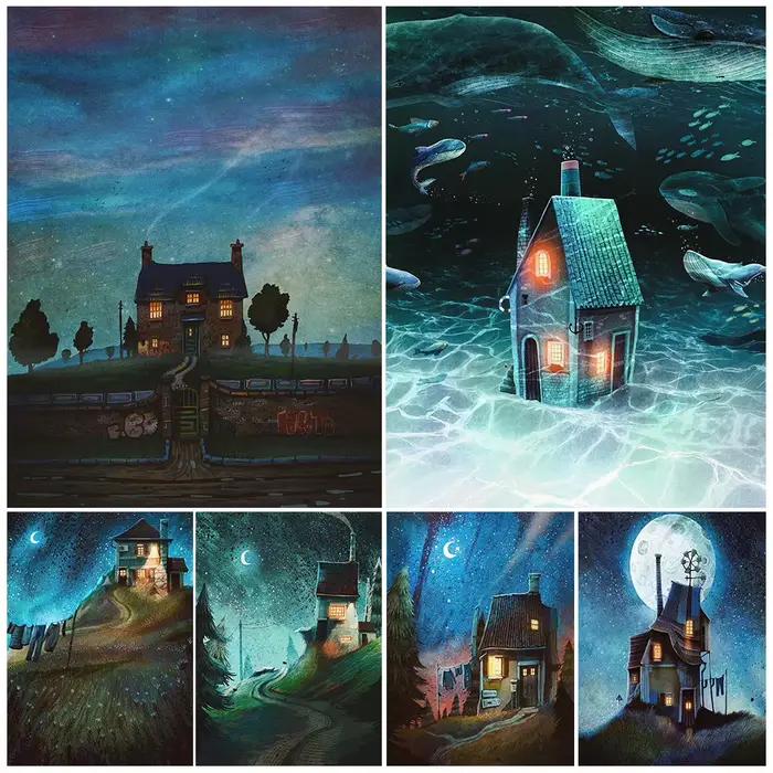 Affiches de lune de maison de paysage de nuit étoilée de dessin animé