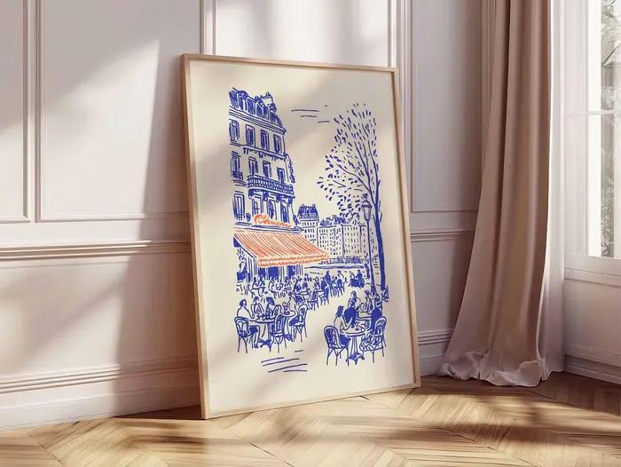 Affiche d'art linéaire sur le thème des cafés de Paris