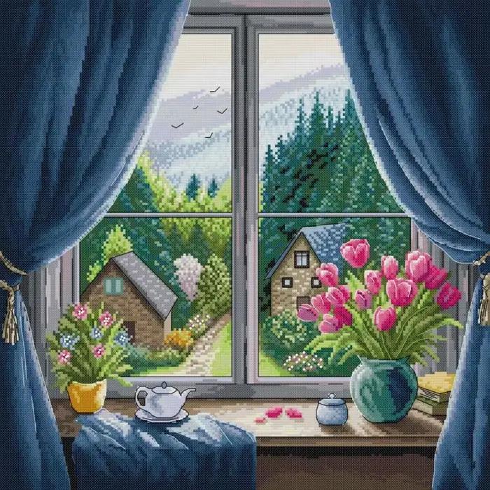 Modèles de paysages de rebord de fenêtre de tulipe