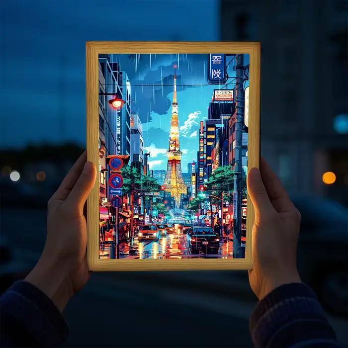Asian Tokyo and Eastern Cities Pretty Cityscape Painting Photo Frame LED Bedside Light for Home Office Perfect Gift for Traveler