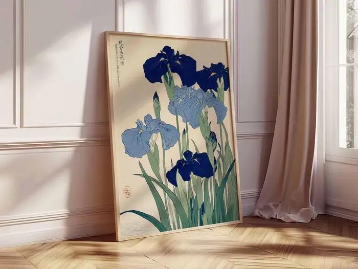 Art mural élégant Ukiyo-E à l'iris bleu - Pour les passionnés de nature ou tout ceux qui aiment une décoration intemporelle et discrète