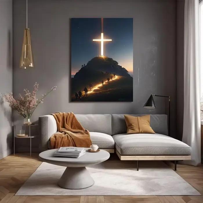 Toile d'art mural avec croix chrétienne moderne sur le dessus de la montagne