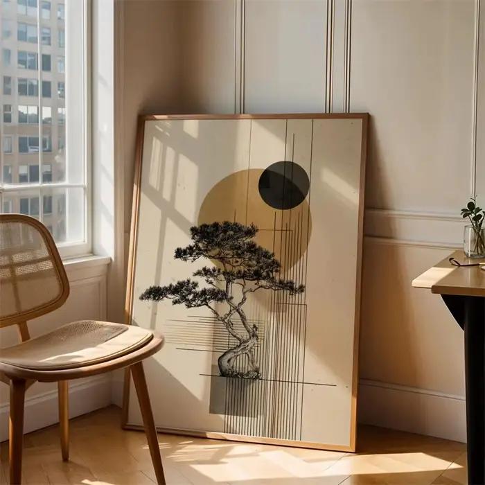 Affiche japonaise | Zen Nature impression numérique abstraite soleil Illustration sans cadre 1 pièce japon bonsaï Art