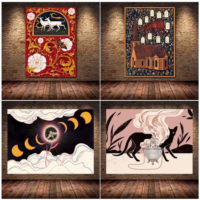 Licorne cheval médiéval Wicca lune sorcière mur Art toile peinture décor affiche et impressions pour salon Art