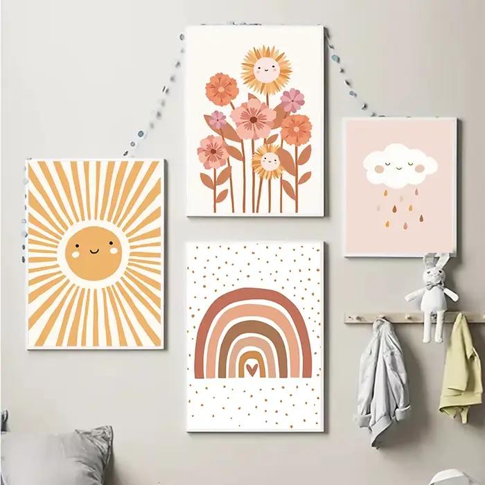 Affiche colorée arc-en-ciel, soleil, nuage, fleur, imprimés, Style Boho, toile d'art mural, peinture pour enfant, décoration de chambre d'enfant et de fille