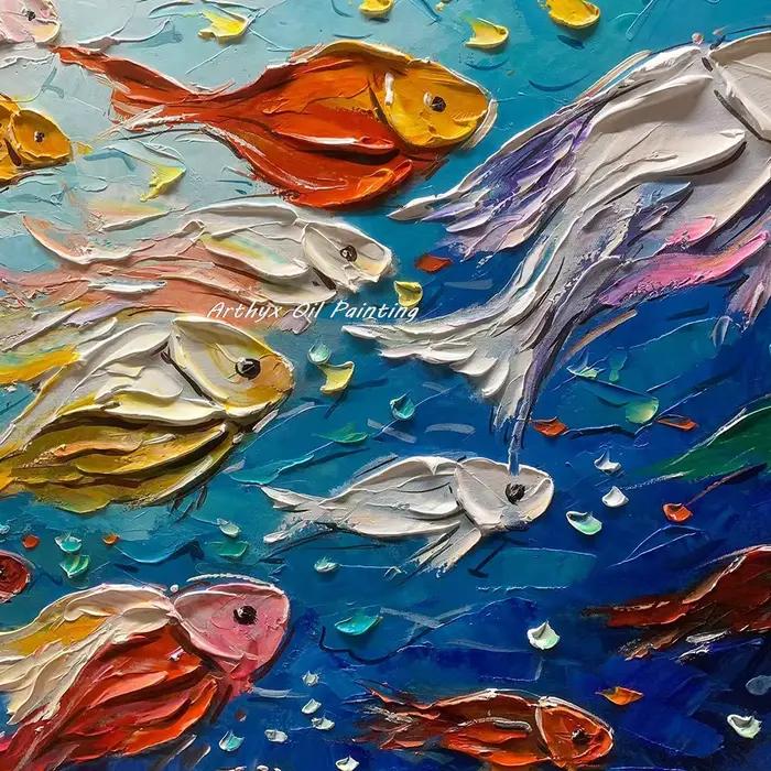 Arthyx, peinture à l'huile sur toile d'école de poissons d'art texturé d'océan bleu