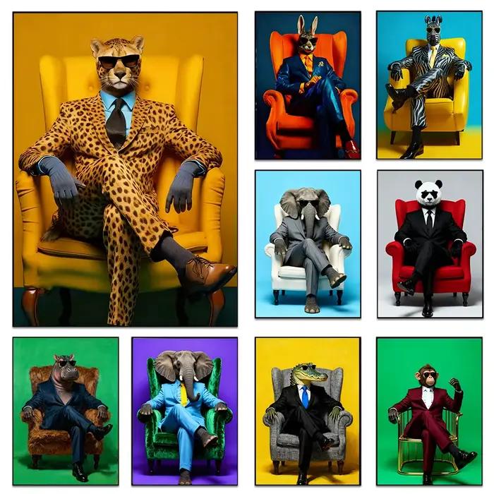 Animaux modernes en costumes Art mural élégant roi Lion Panda tigre léopard patron affiche impression gorille éléphant toile peinture décor