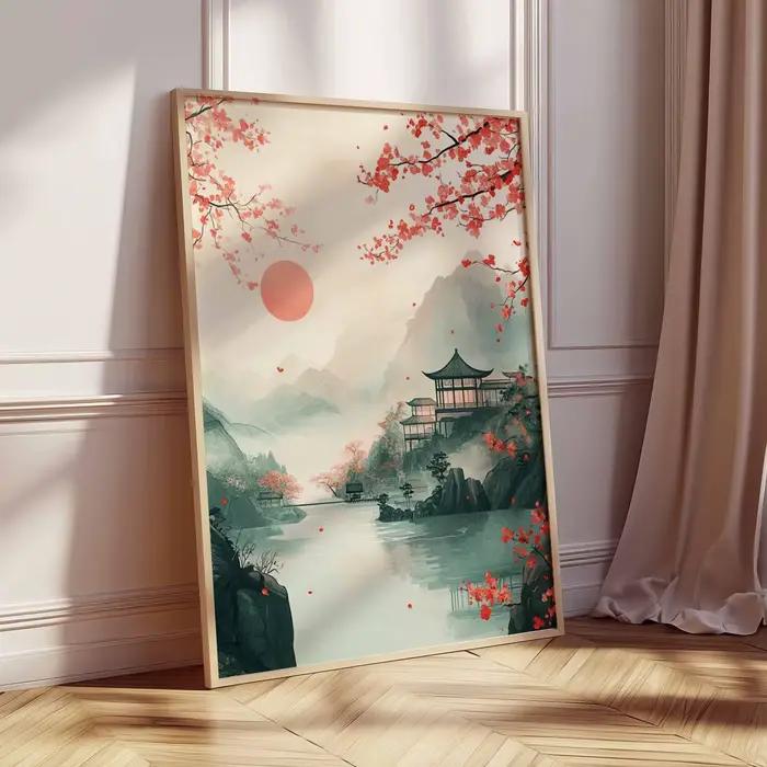 Affiche imprimée sur toile avec motif de fleurs de cerisier japonaises