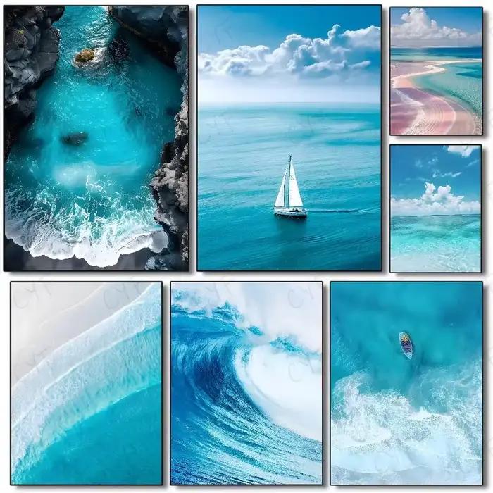 Affiche murale imprimée avec vagues de plage et d'océan