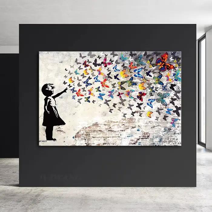 Banksy Art fille avec papillon Graffiti toile peinture rue Art affiche et impressions photos murales pour salon décor à la maison