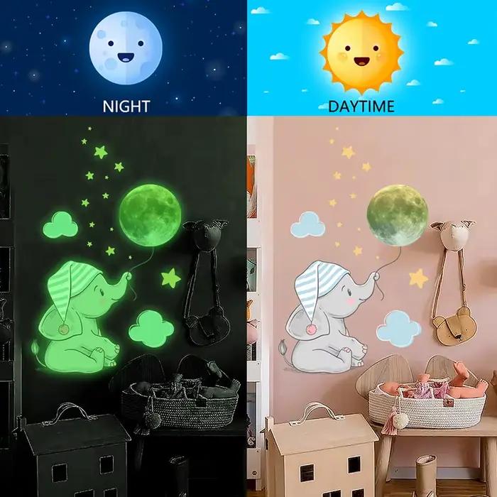 Autocollant mural lumineux bébé éléphant lune