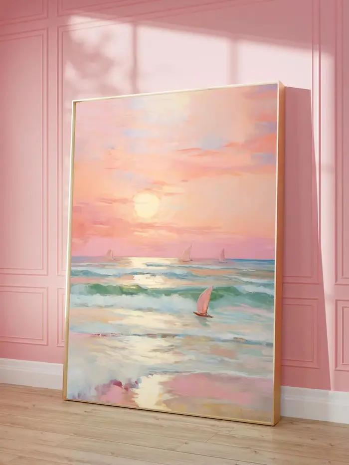 Affiche encadrée imprimée Coucher de soleil pastel rose poudré