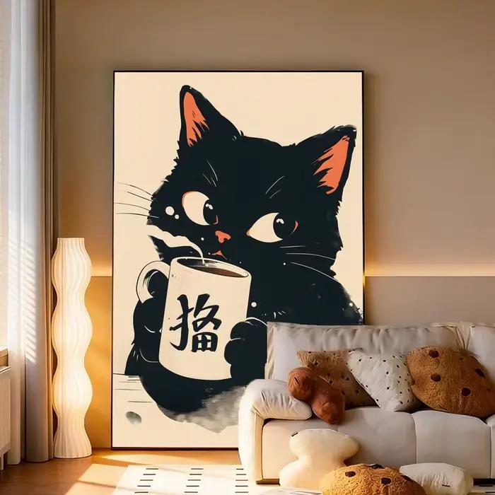 Affiche rétro mignonne de chat noir, décoration murale pour chambre, autocollants imperméables pour la maison, le bar, la chambre à coucher