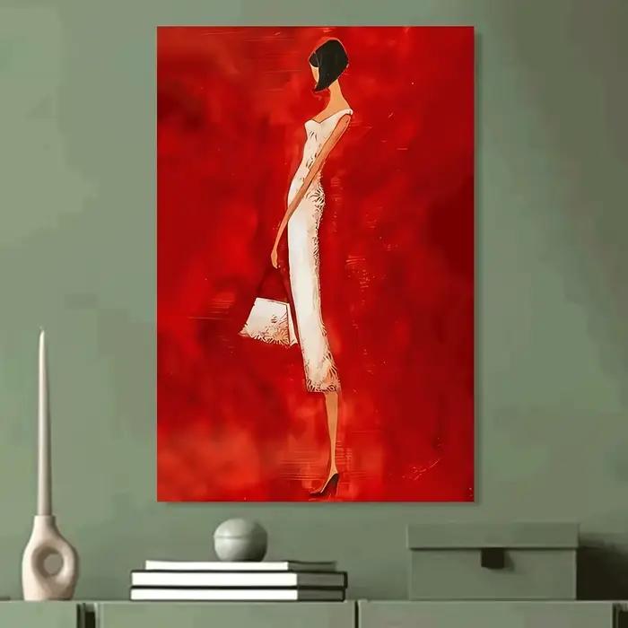 Affiche imprimée de femme abstraite moderne en robe blanche, peinture sur toile rouge vif, tableau d'art mural pour salon, décoration de maison, cadeau