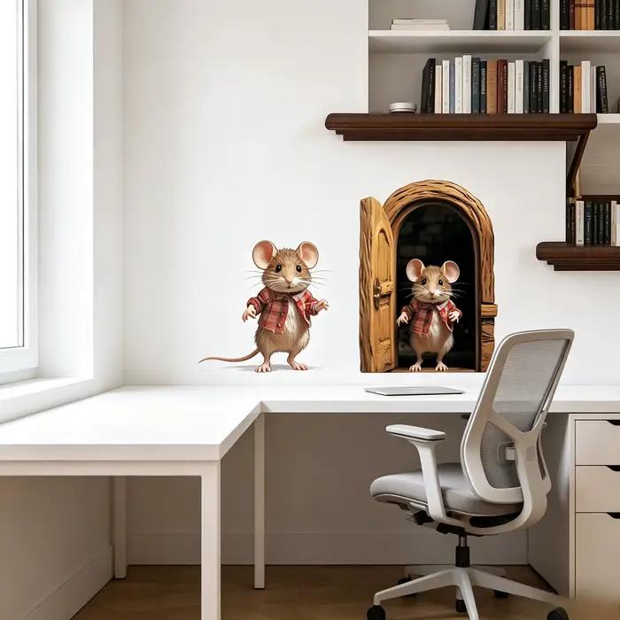 Autocollant Mural Souris Mignonne qui Ouvre la Porte