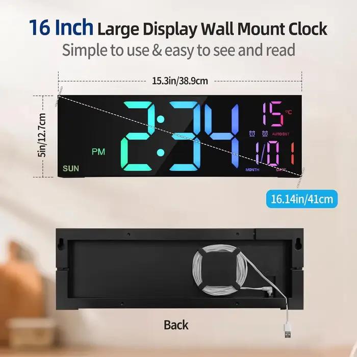 Grande horloge murale numérique 16.2 pouces