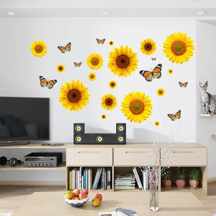 Autocollant mural papillon tournesol, décoration murale fleurs et plantes, pour chambre, salon, cuisine, art mural, décoration intérieure