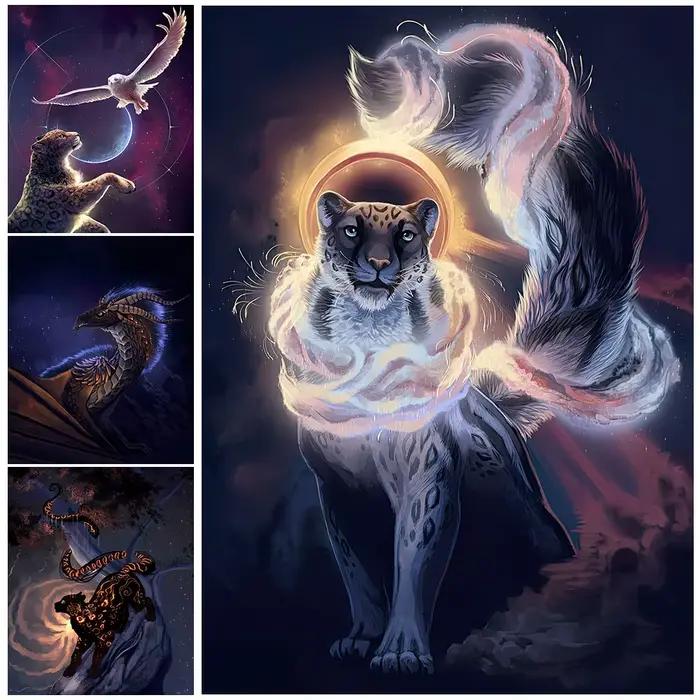 Peinture sur toile avec animaux fantastiques mystérieux