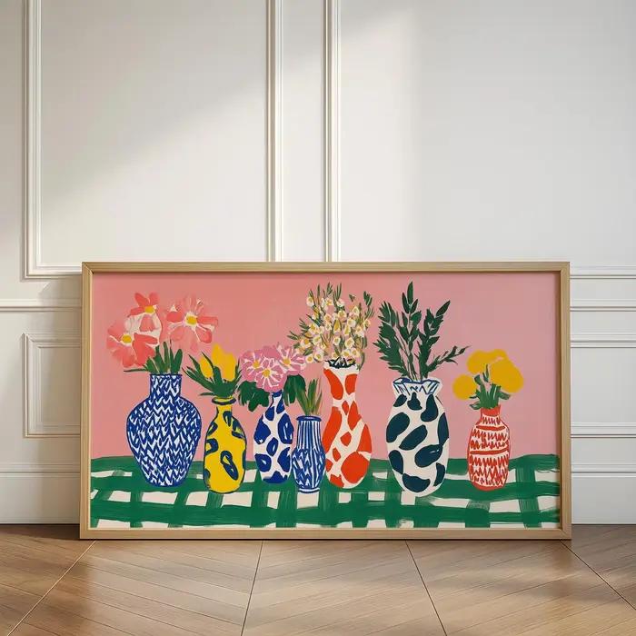 Série Matisse, toile murale abstraite avec chat noir et fleurs colorées dans un vase